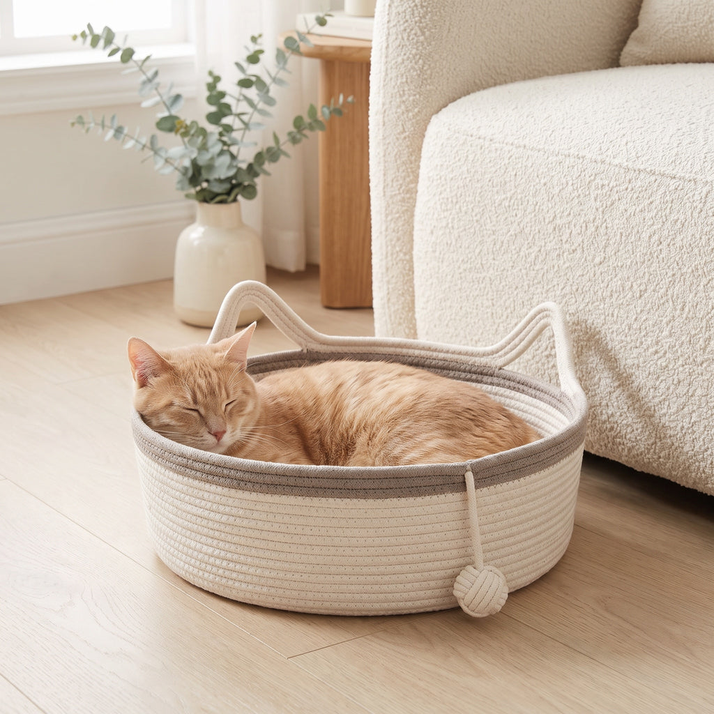 Ginger cat asleep in a white and grey cotton rope cat bed with cat-ear handles, on a wooden floor beside a cream sofa