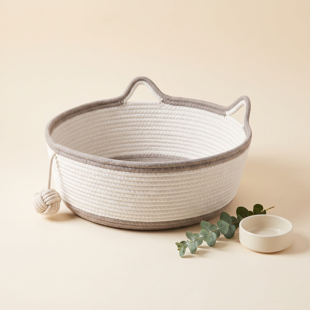 Empty cotton rope cat bed shown at an angle, with two cat-ear rope handles and a hanging rope play ball