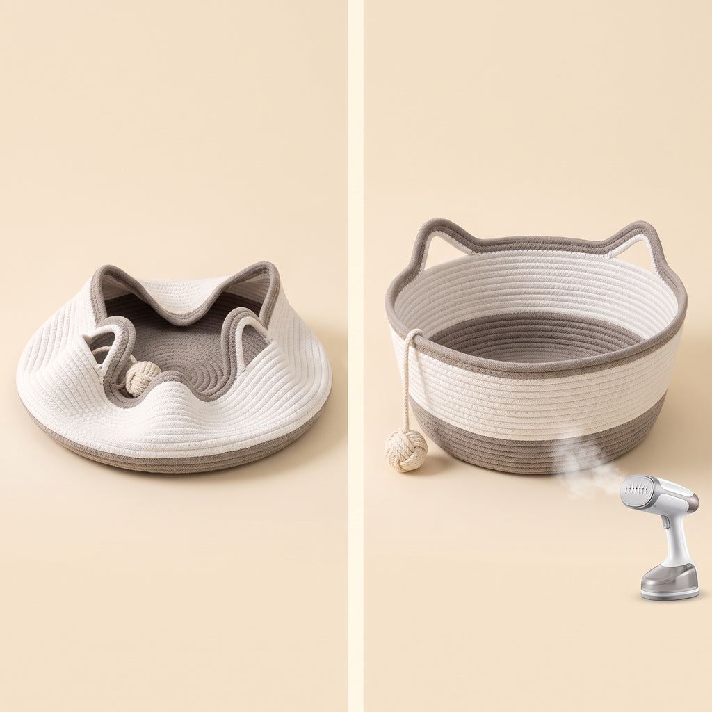 Before and after: the bed arrives folded flat and collapsed on the left, and holds a round open bowl shape on the right after steaming