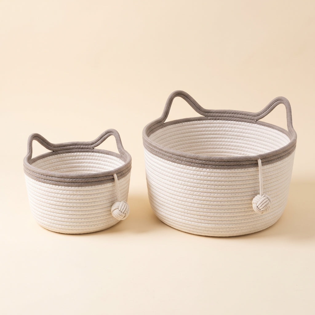 Medium and Large cotton rope cat beds side by side showing the size difference