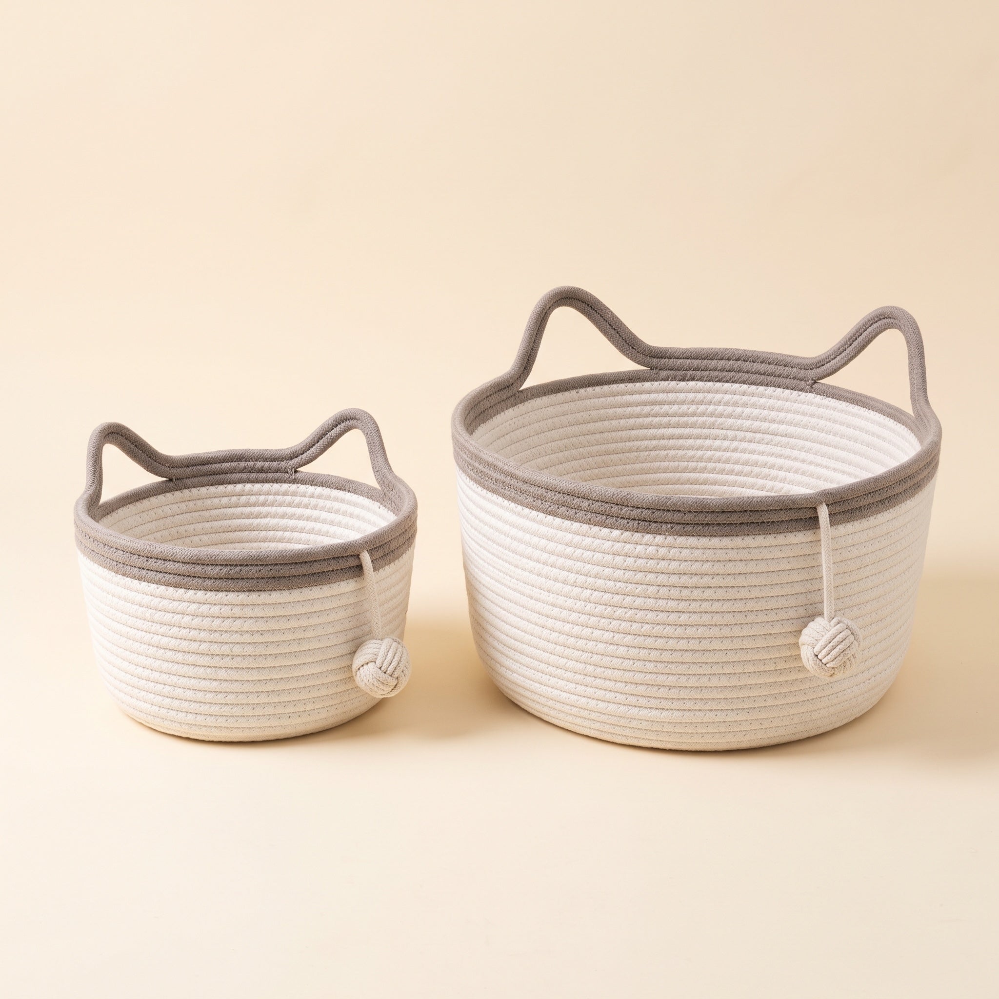 Medium and Large cotton rope cat beds side by side showing the size difference