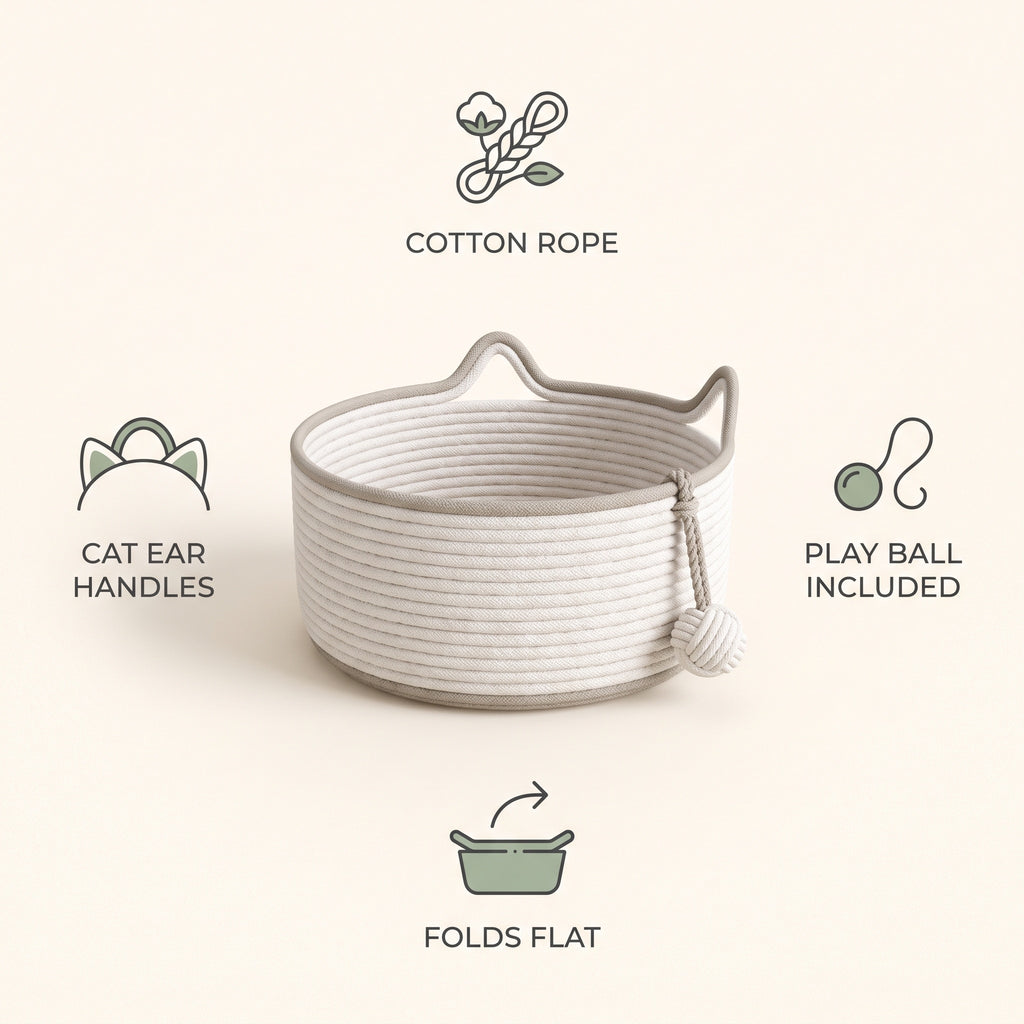 Feature summary: cotton rope construction, cat-ear handles, play ball included, folds flat