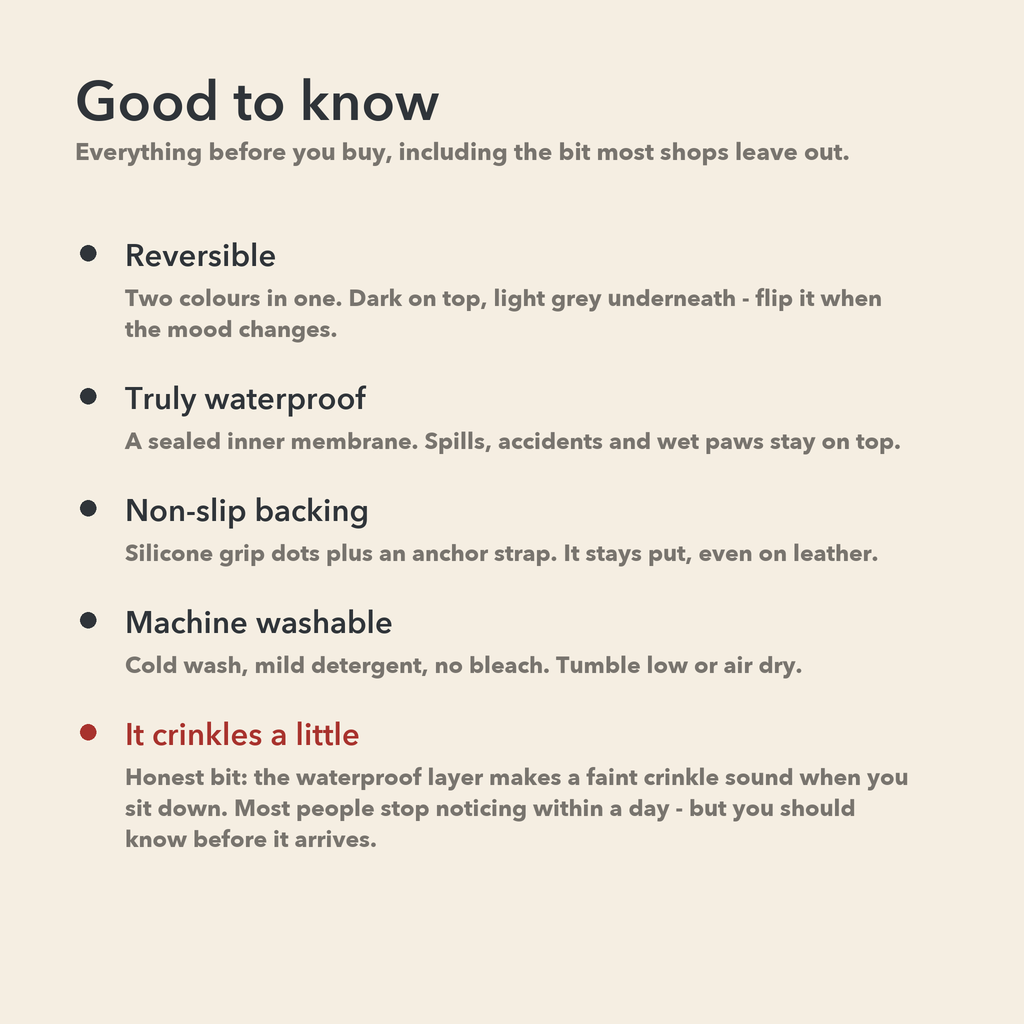 Good to know: reversible, waterproof, non-slip, machine washable, and a faint crinkle sound
