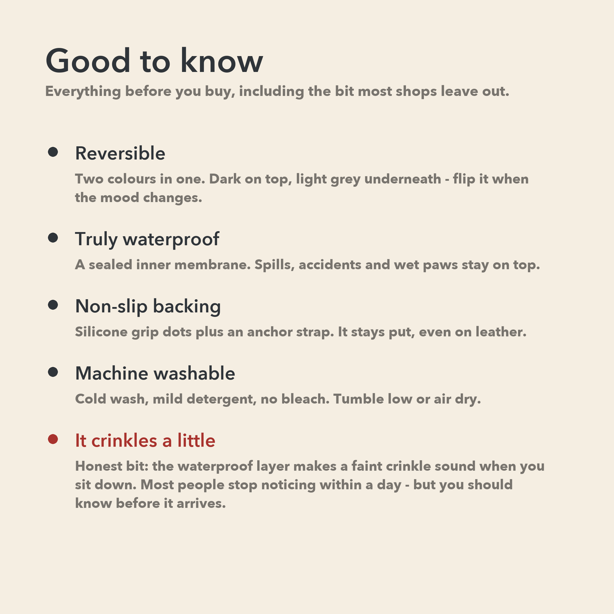 Good to know: reversible, waterproof, non-slip, machine washable, and a faint crinkle sound