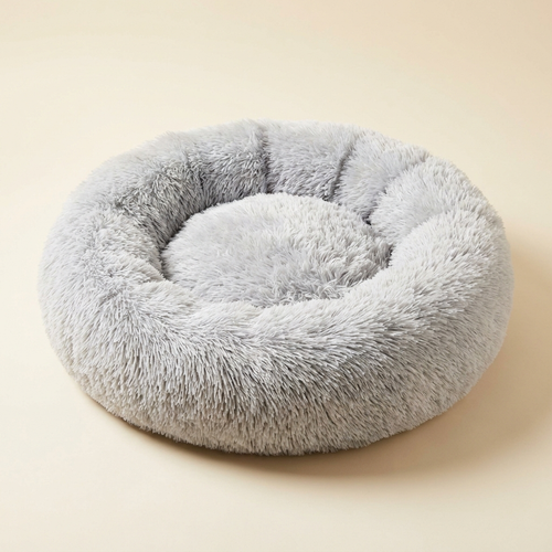 Huddlepaw Calming Donut Bed in Light Grey long shaggy faux fur, three-quarter view