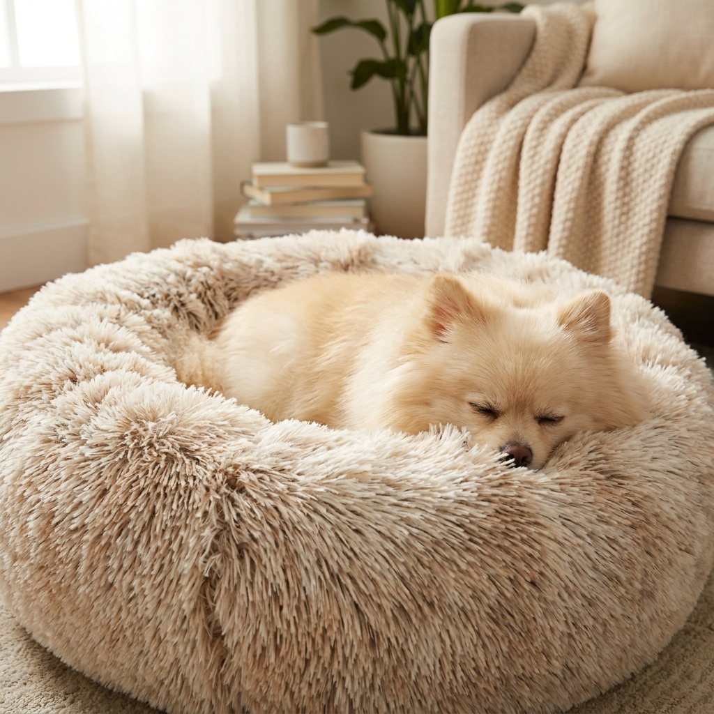 Small cream Pomeranian curled asleep with chin resting on the bolster rim
