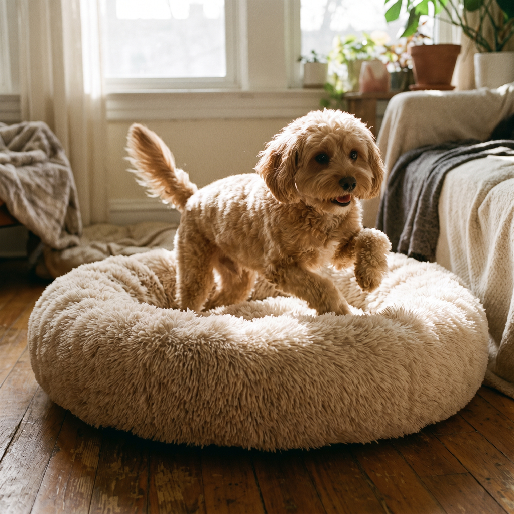 Happy cavapoo stepping into the Calming Donut Bed in a sunlit room