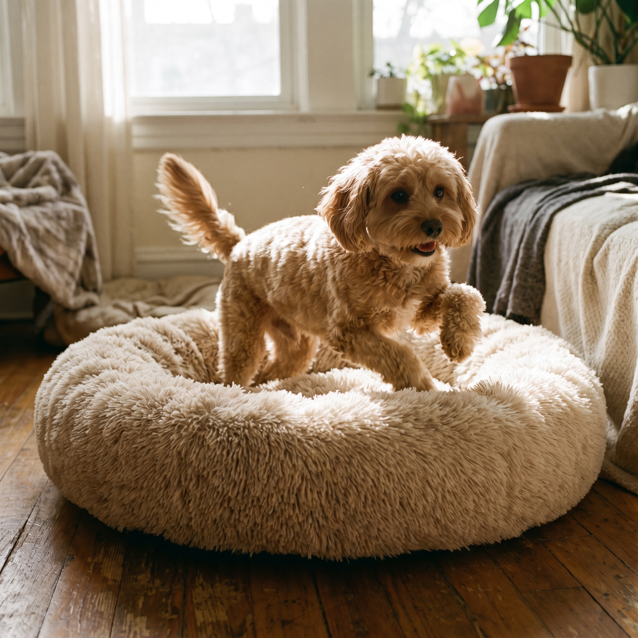Happy cavapoo stepping into the Calming Donut Bed in a sunlit room