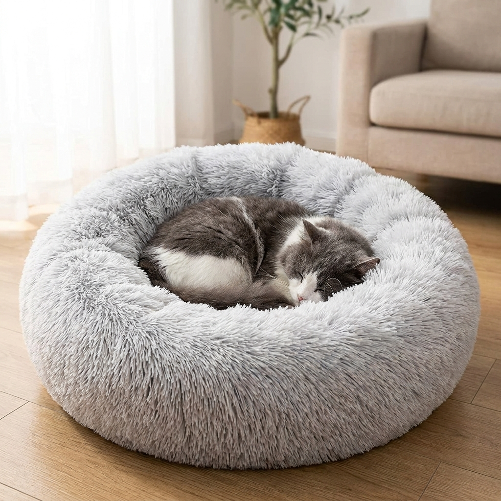 Grey and white cat curled in a tight circle sleeping in the Light Grey donut bed