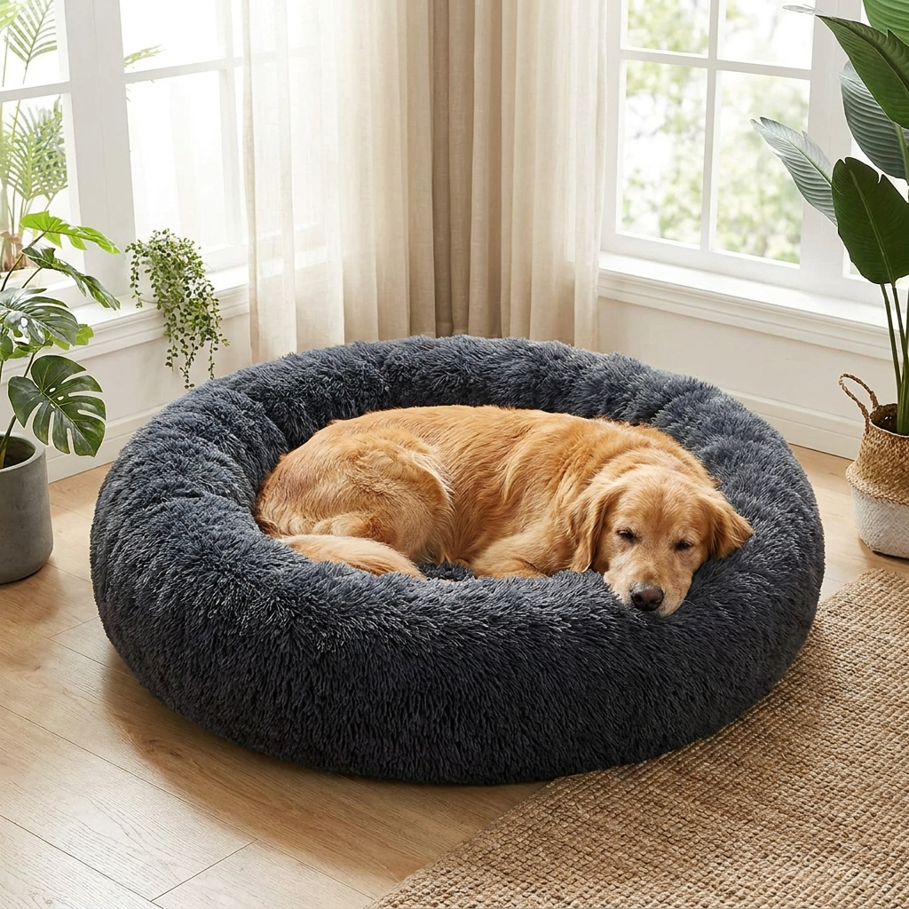 Golden retriever settled in the 30 inch Dark Gray Calming Donut Bed