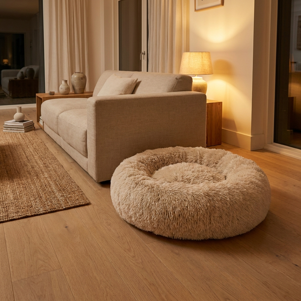 Beige Calming Donut Bed on an oak floor beside a linen sofa in warm evening light