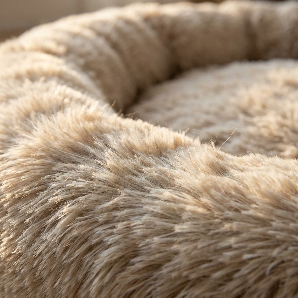 Close-up of the long shaggy faux fur pile and the curve of the bolster rim
