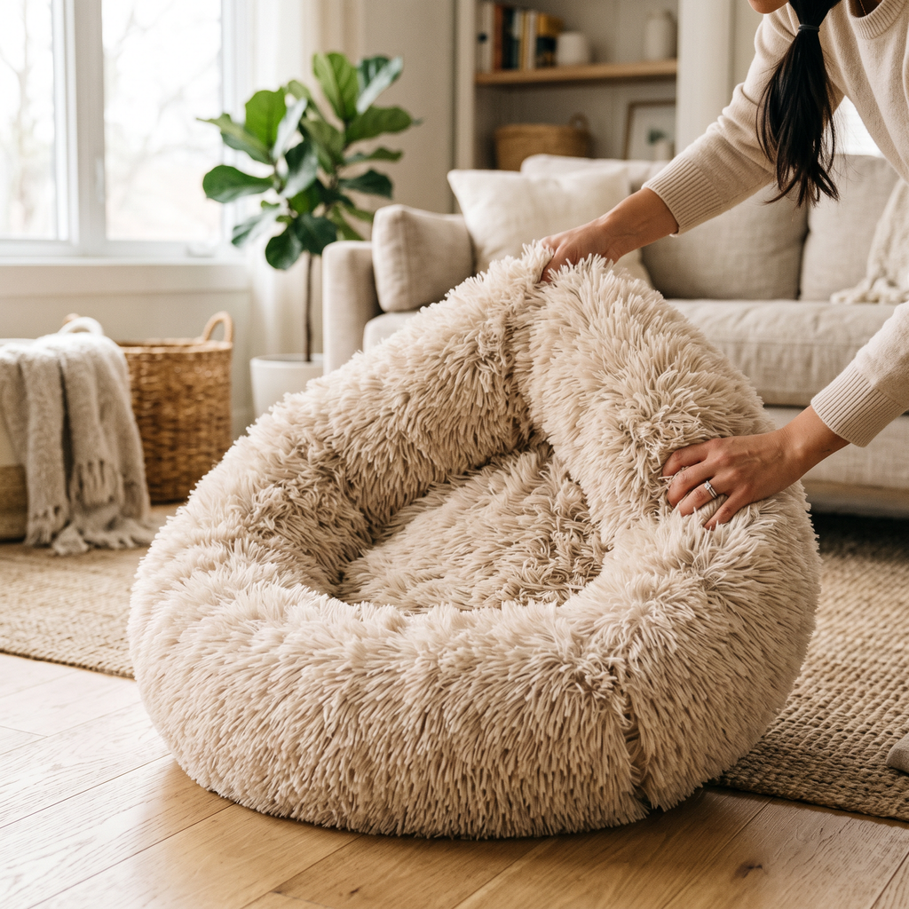 Hands shaking and fluffing the donut bed to plump the filling after unboxing