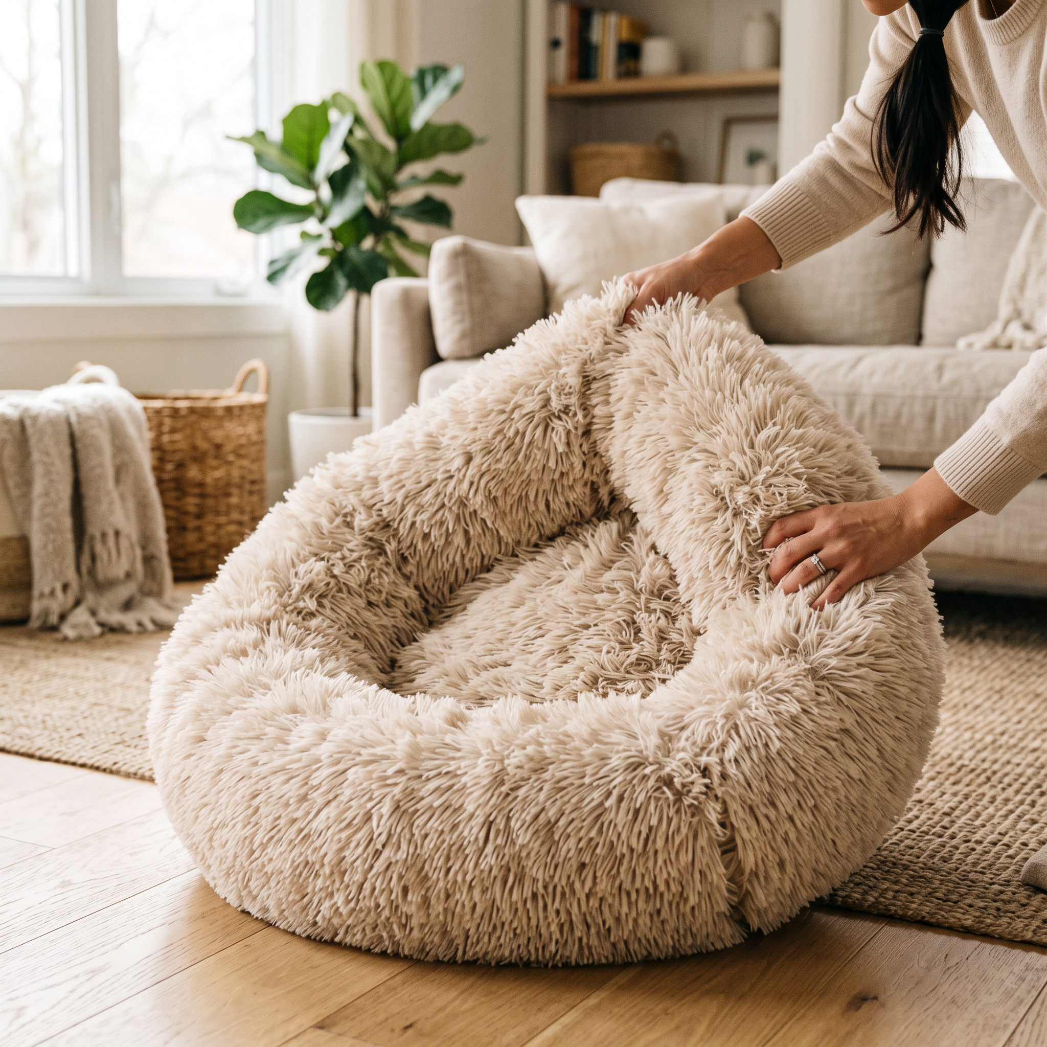 Hands shaking and fluffing the donut bed to plump the filling after unboxing