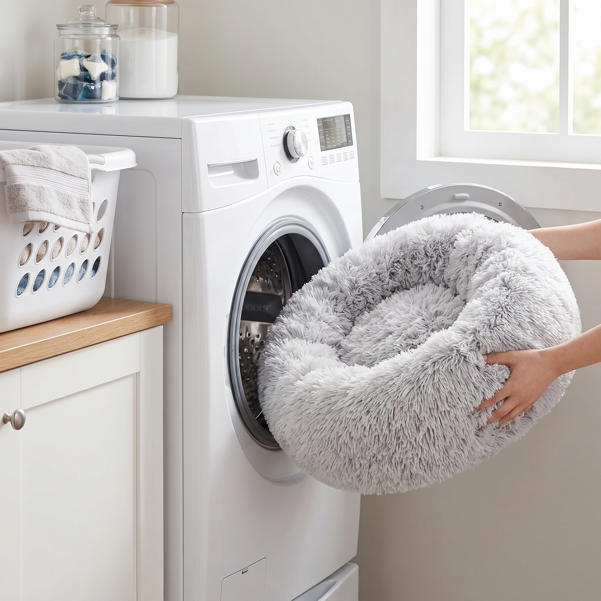 The Calming Donut Bed being loaded into a washing machine