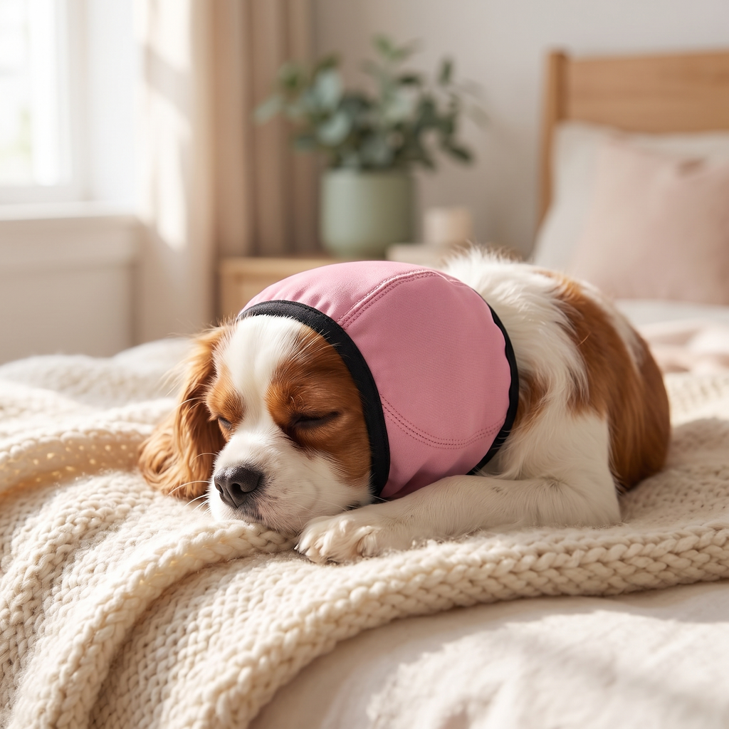 Cavalier King Charles Spaniel relaxing in Huddlepaw Calm Ears in Hot Pink