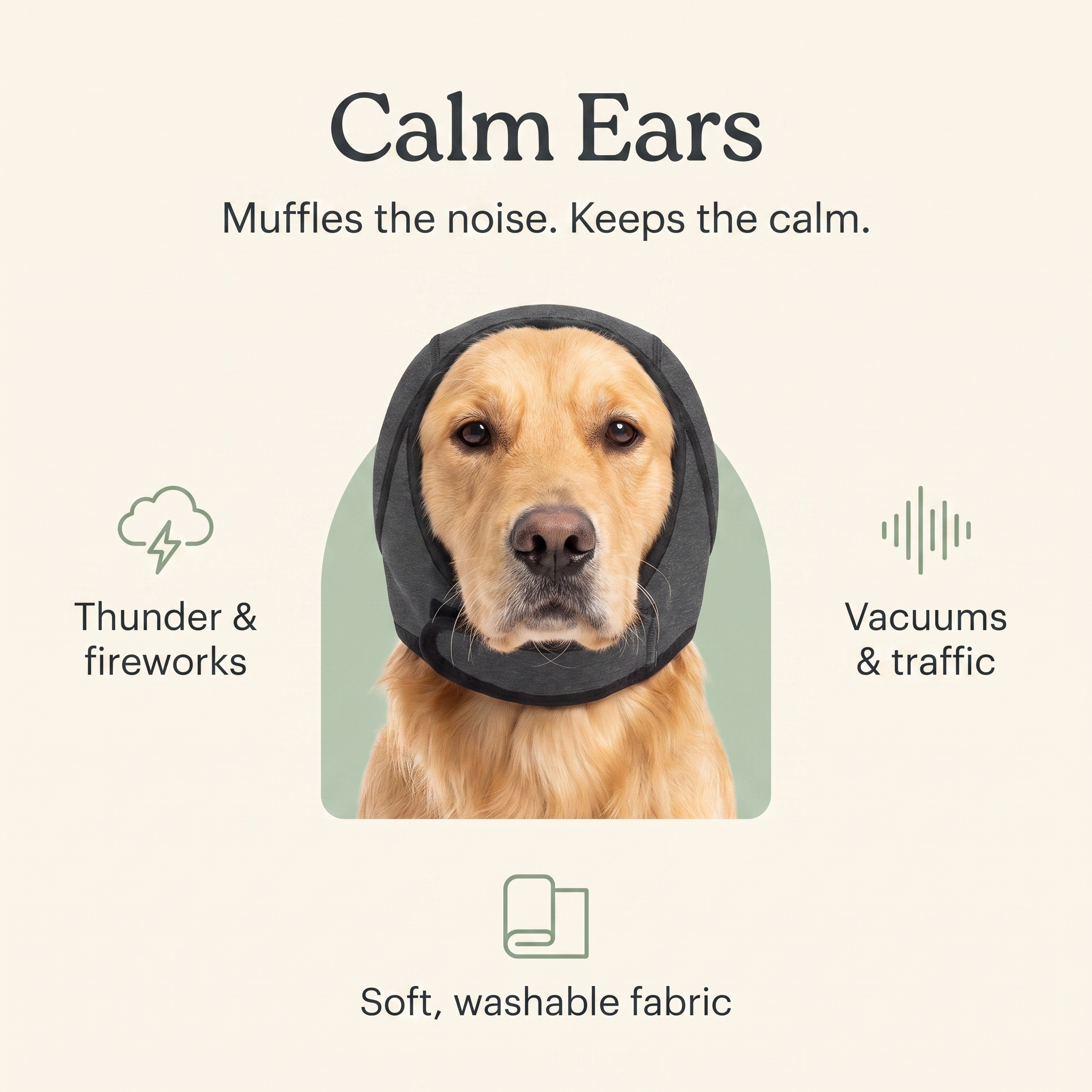 Huddlepaw Calm Ears benefits — muffles thunder, fireworks, vacuums and traffic; soft washable fabric