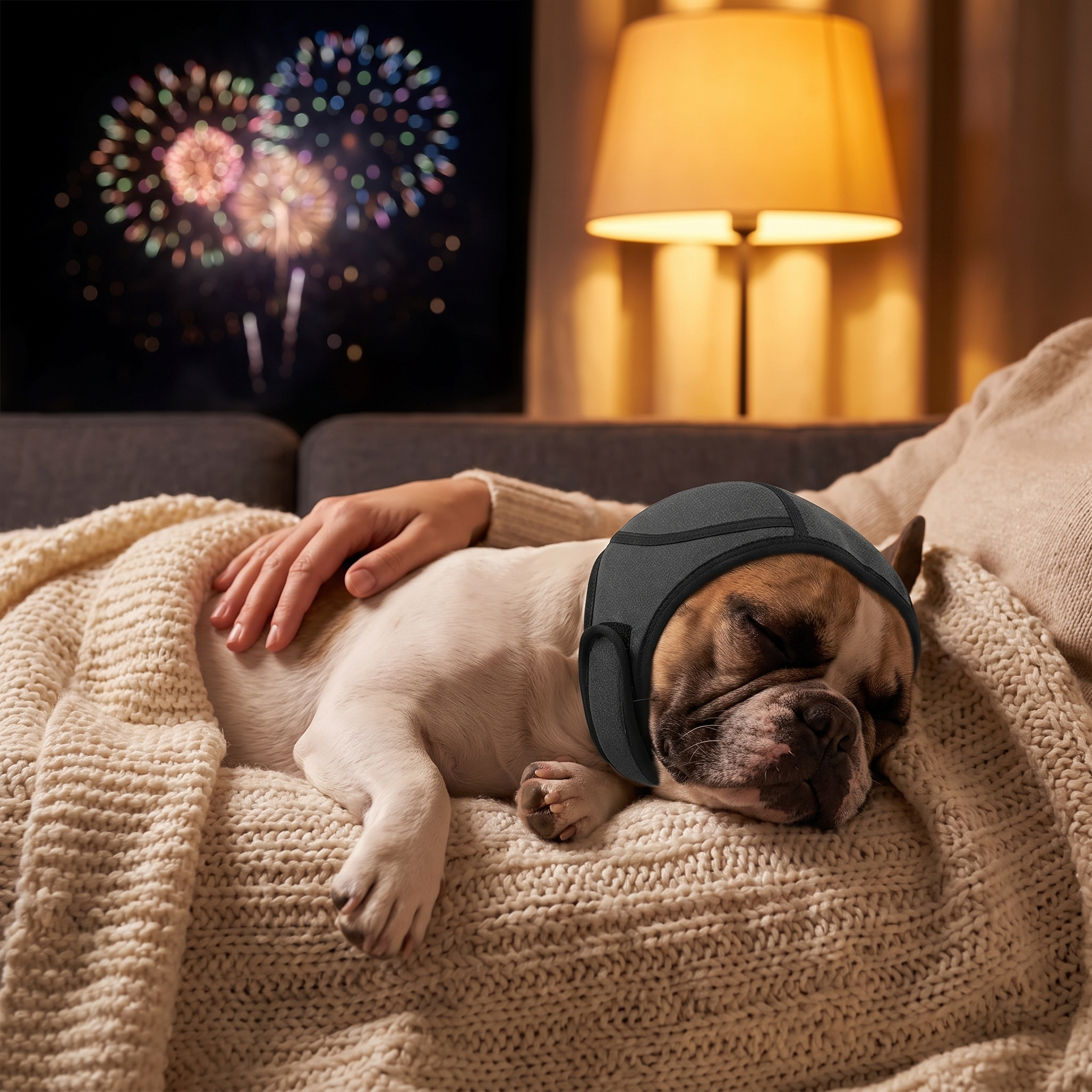 French Bulldog sleeping through fireworks in Huddlepaw Calm Ears