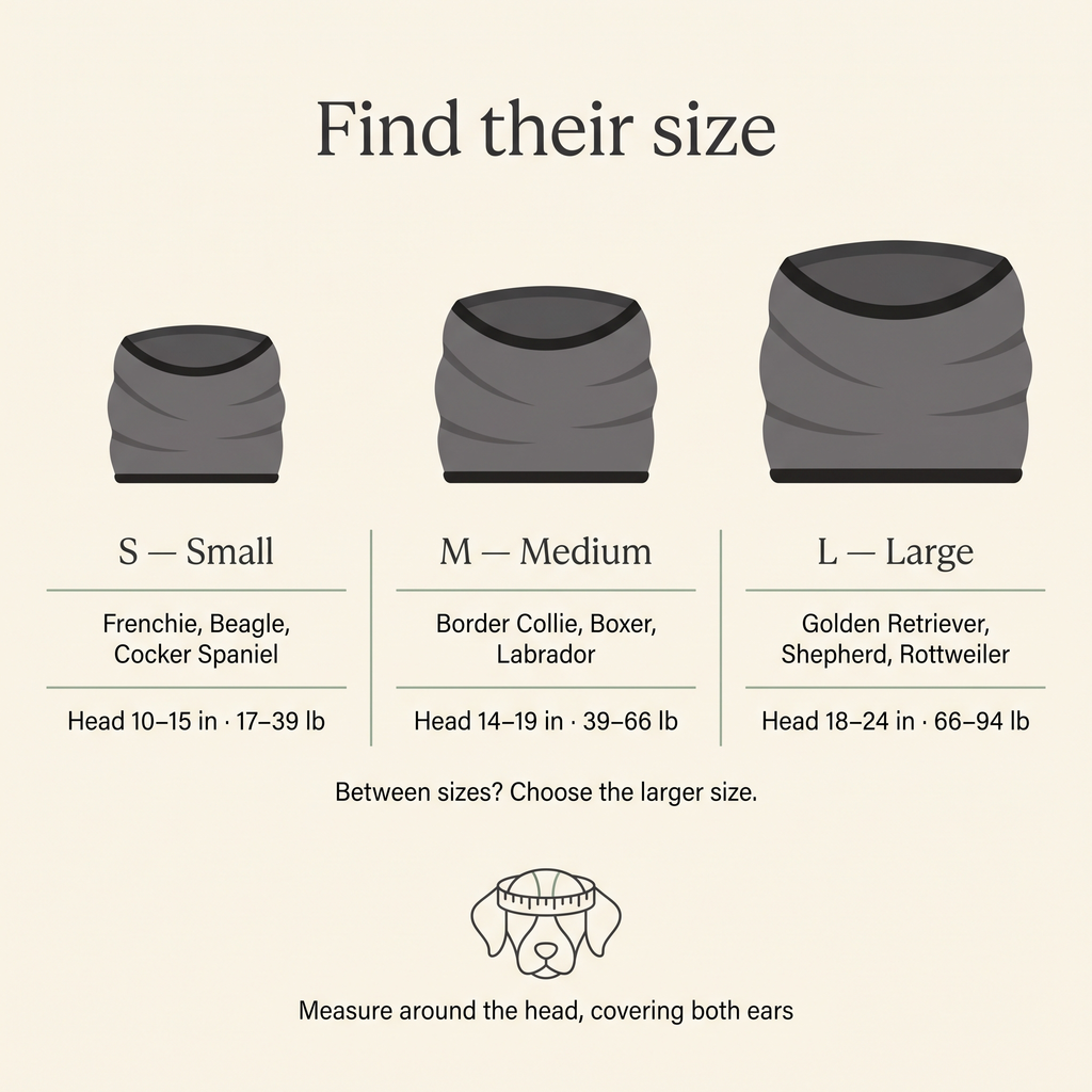 Huddlepaw Calm Ears size guide — S, M and L with head measurements and breed examples