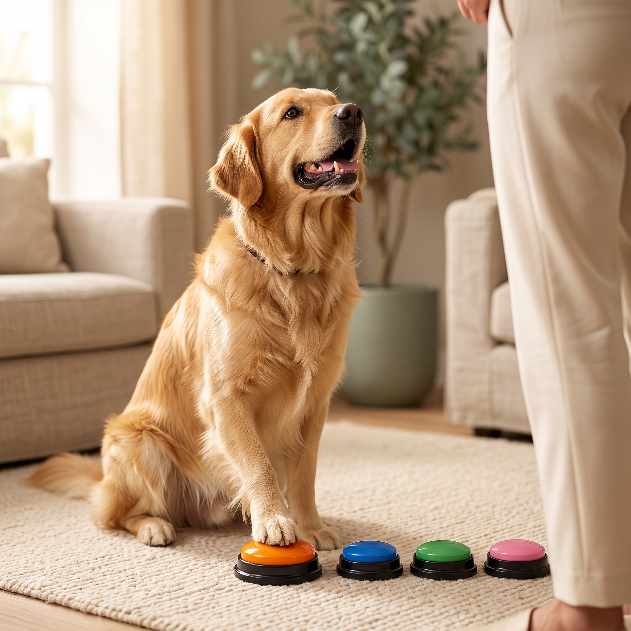 Golden retriever pressing a Huddlepaw talk button with its paw, four buttons in a row on a cream rug
