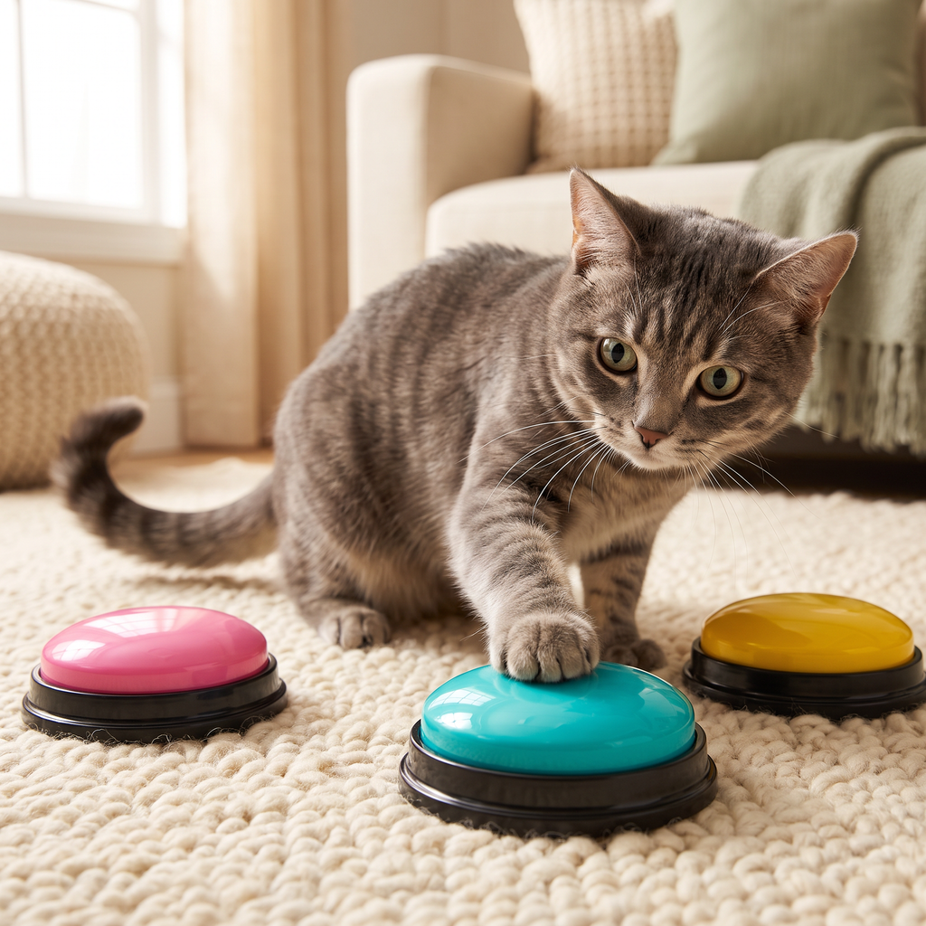 Tabby cat pressing a teal Huddlepaw recordable pet communication button
