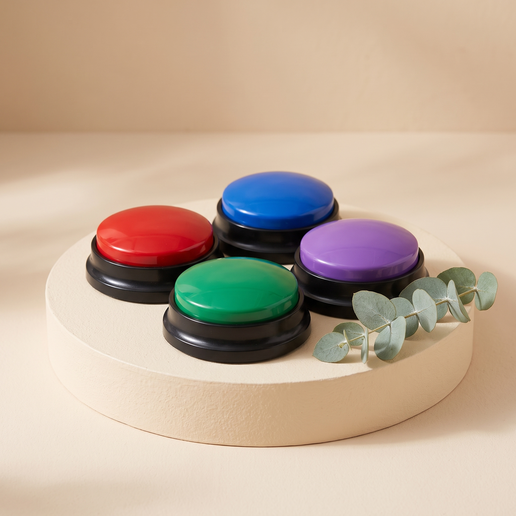 Set of four Huddlepaw Talk Buttons in assorted colors on a cream pedestal