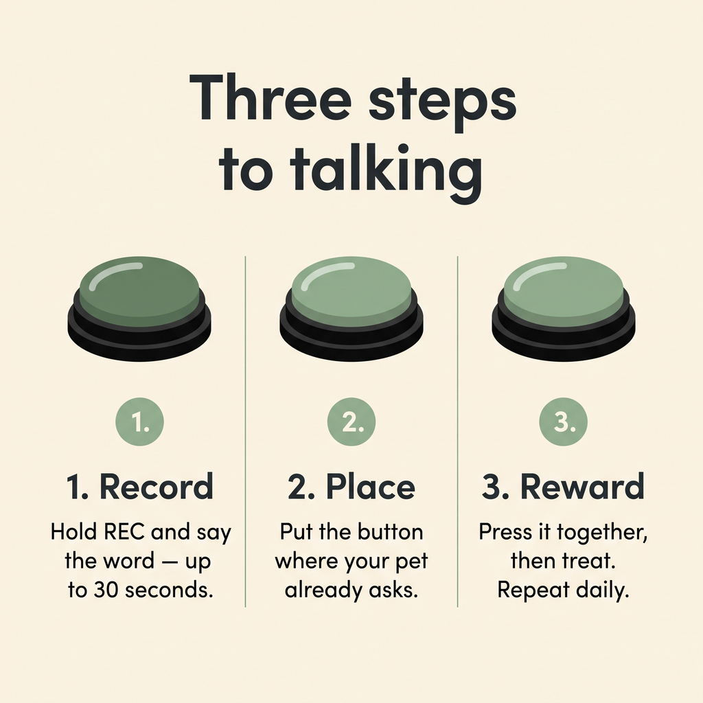 Three steps to talking with Huddlepaw Talk Buttons — record, place, reward