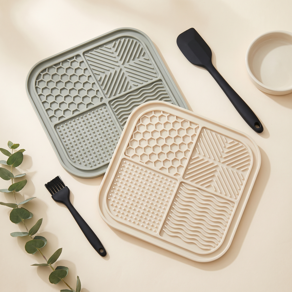 Huddlepaw lick mat 2-pack in sage grey and cream with silicone spatula and cleaning brush