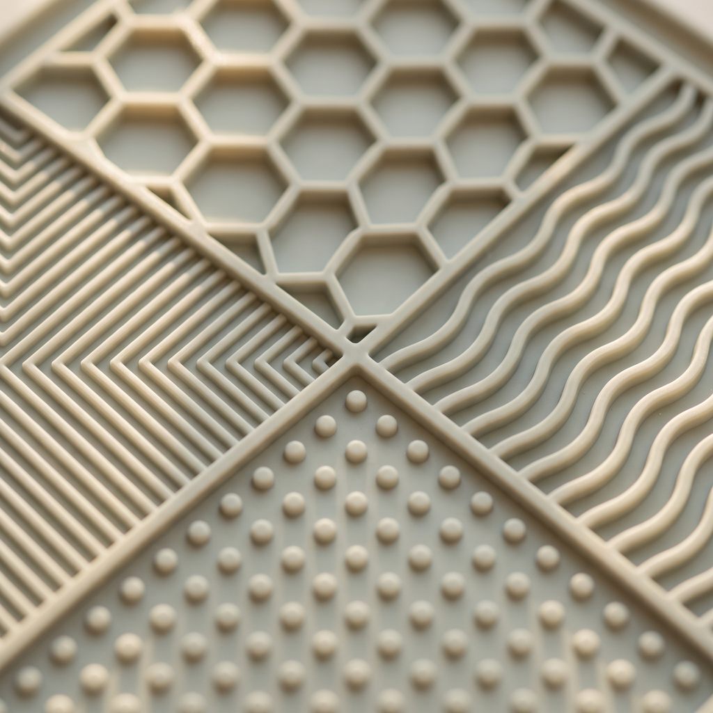 Close up of the four lick mat textures: honeycomb, cross-hatch, raised dots and wave ridges