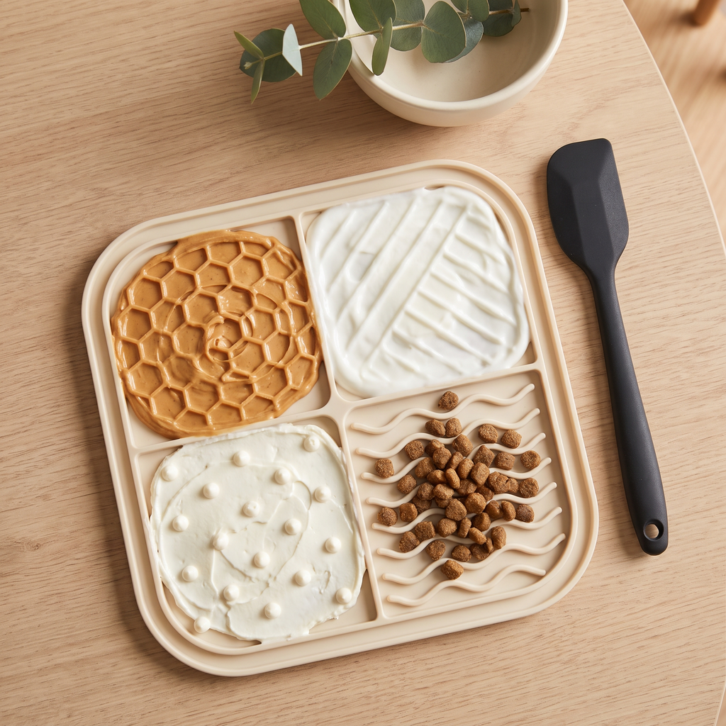 Lick mat quadrants filled with peanut butter, yogurt, cream cheese and kibble ready to freeze