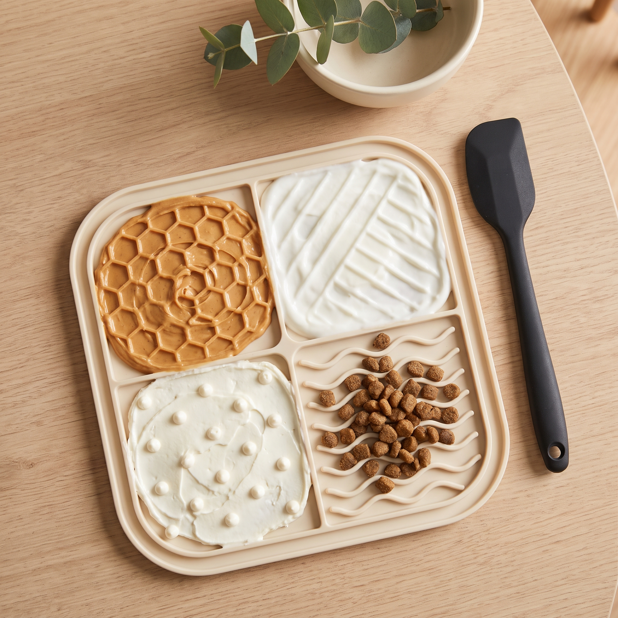Lick mat quadrants filled with peanut butter, yogurt, cream cheese and kibble ready to freeze