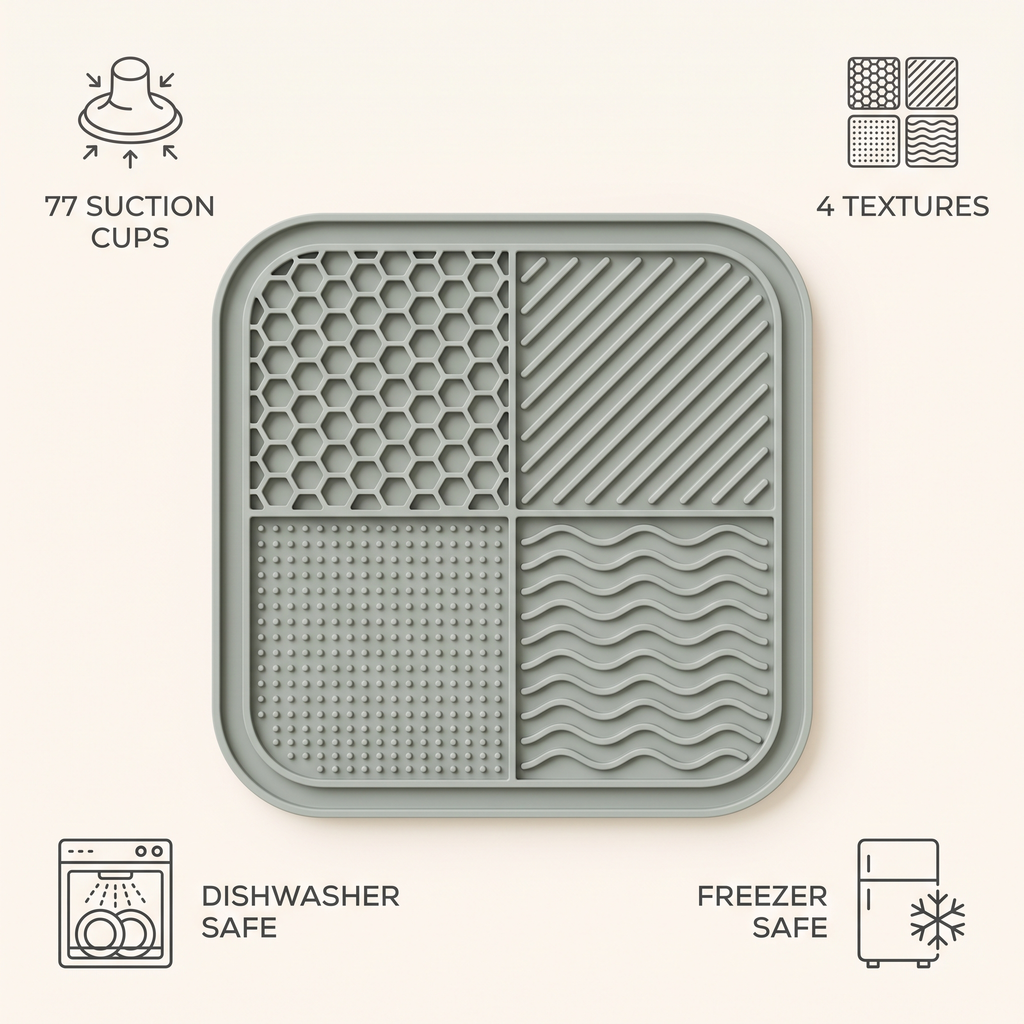 Huddlepaw lick mat features: 77 suction cups, 4 textures, dishwasher safe, freezer safe