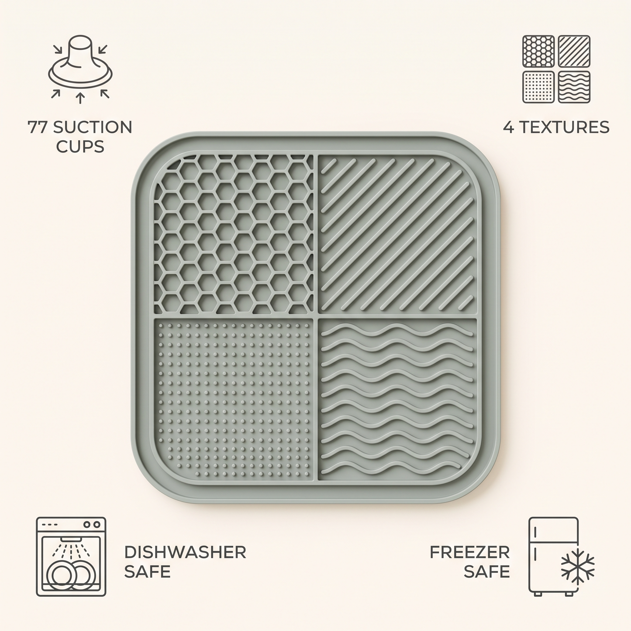 Huddlepaw lick mat features: 77 suction cups, 4 textures, dishwasher safe, freezer safe