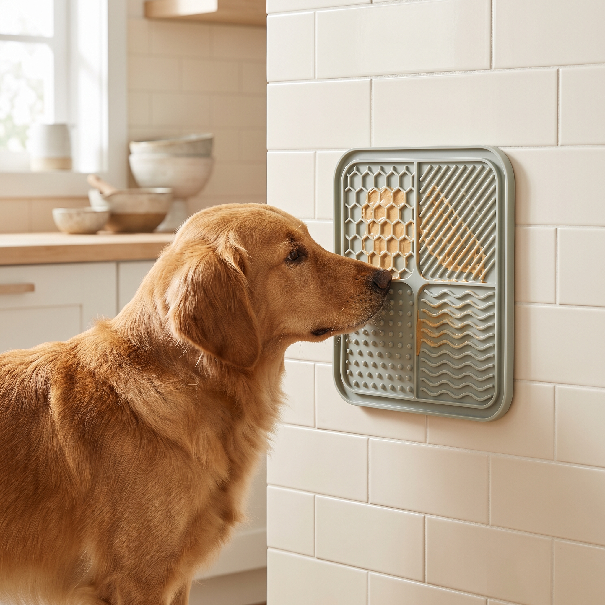 Golden retriever using a Huddlepaw lick mat suction mounted to a kitchen tile wall