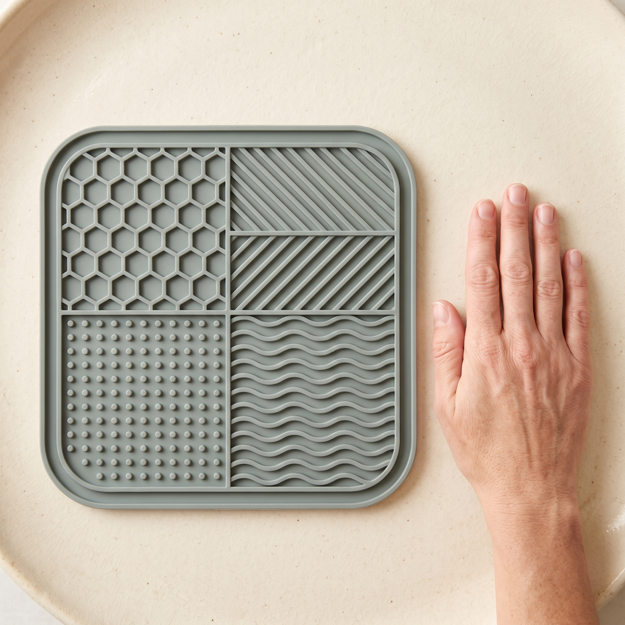 Huddlepaw lick mat size compared with an adult hand