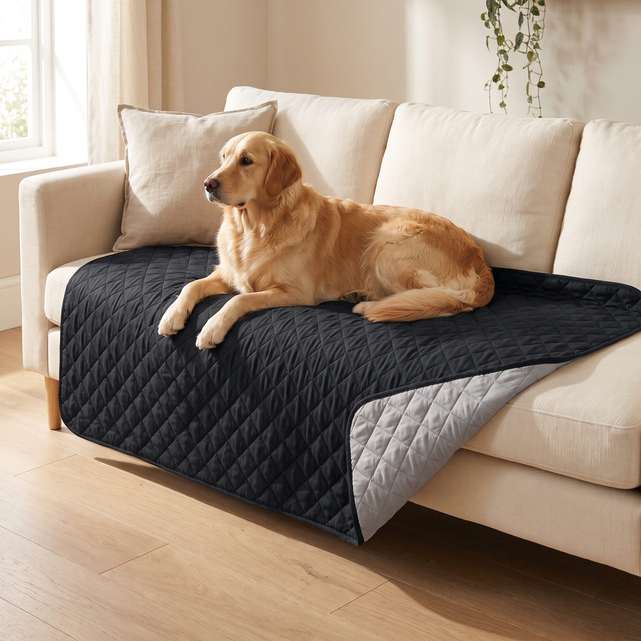 Black waterproof quilted couch cover on a cream sofa with a golden retriever lying on it