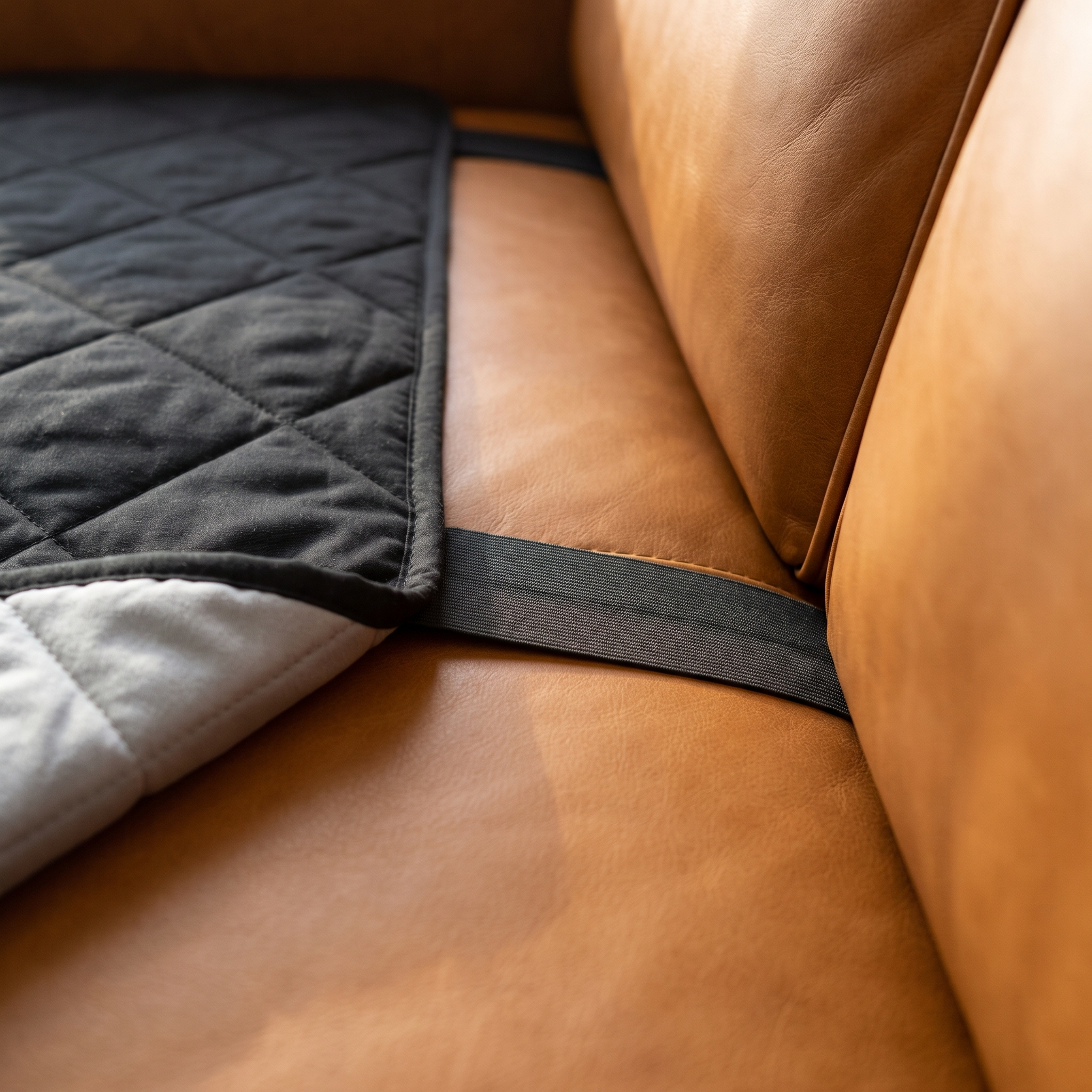 Anchor strap tucked into the back of a leather sofa holding the cover in place