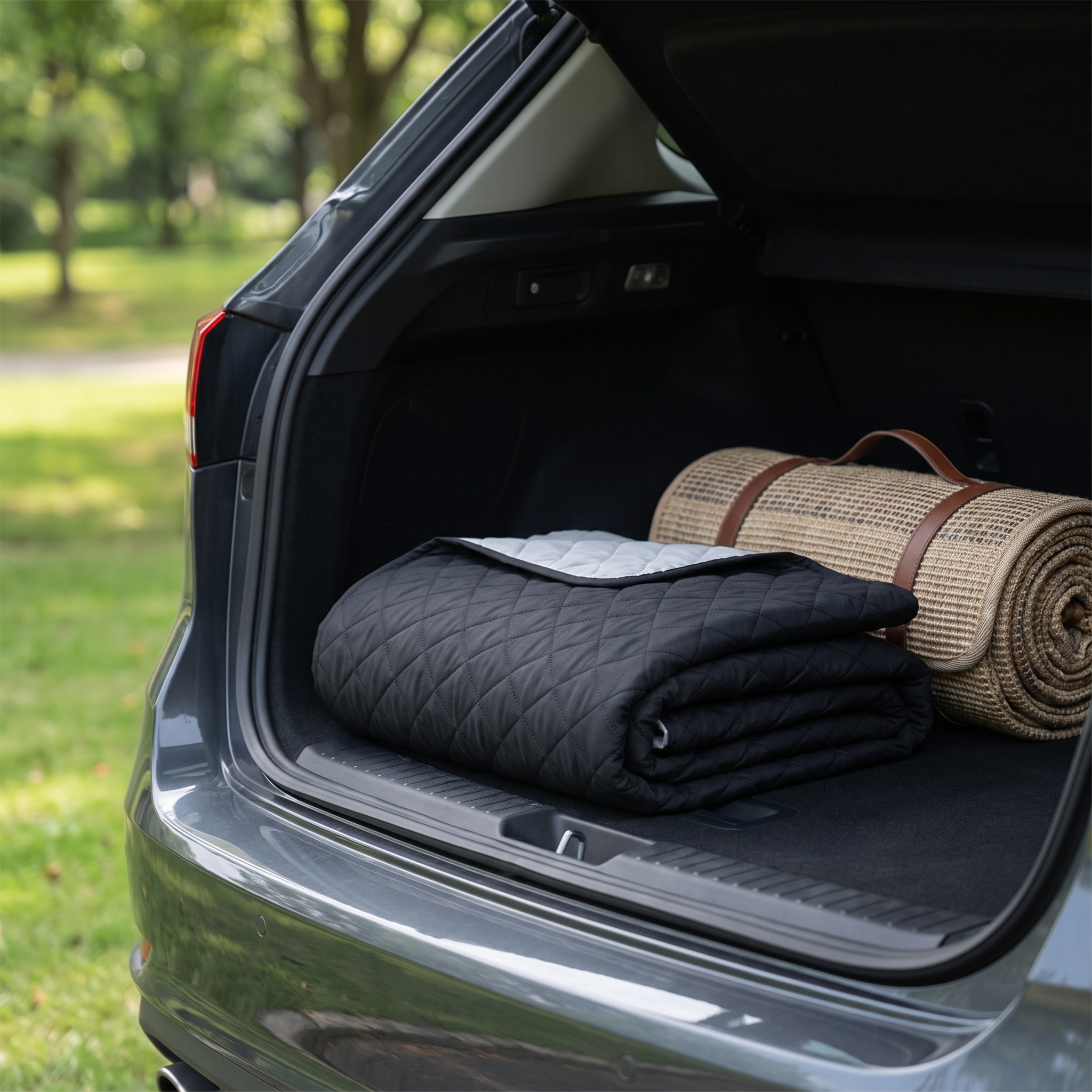 Couch cover folded in a car boot for travel