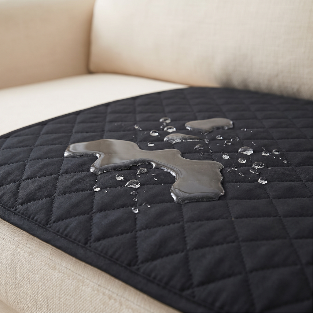 Water beading on the surface of the waterproof quilted couch cover