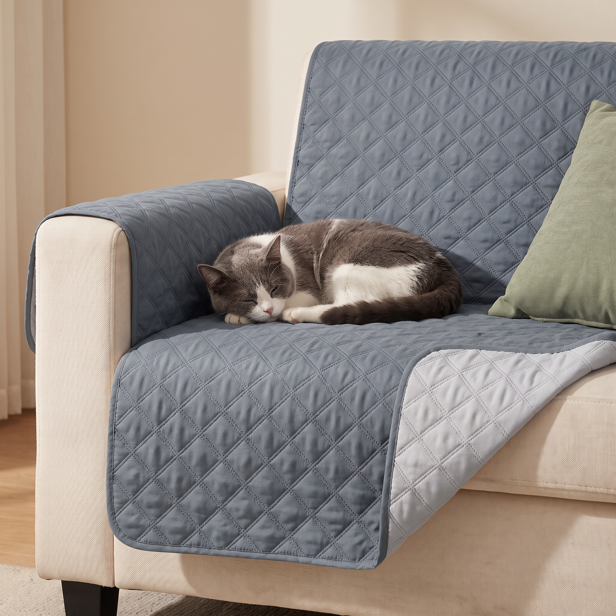 Cat asleep on a slate grey couch cover over a cream armchair