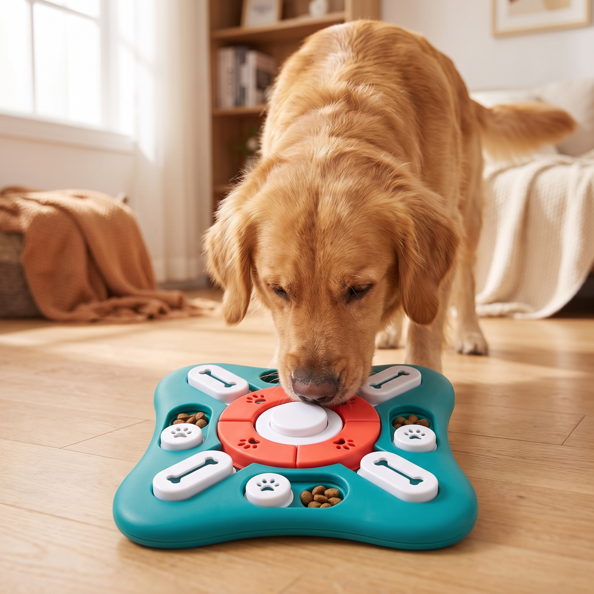 Golden retriever nose-down working the Huddlepaw Puzzle Board to find hidden kibble