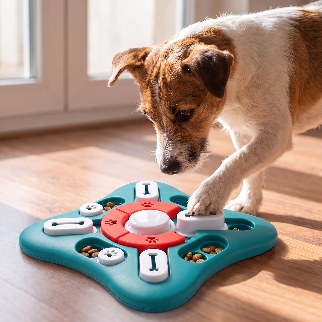 Terrier using a paw to slide a bone-shaped cover across the puzzle board