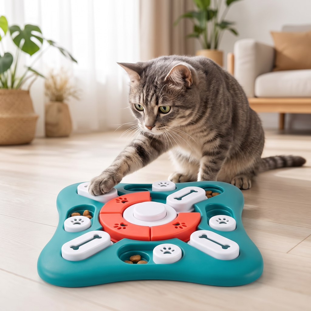 Grey tabby cat pawing at a sliding cover on the puzzle board