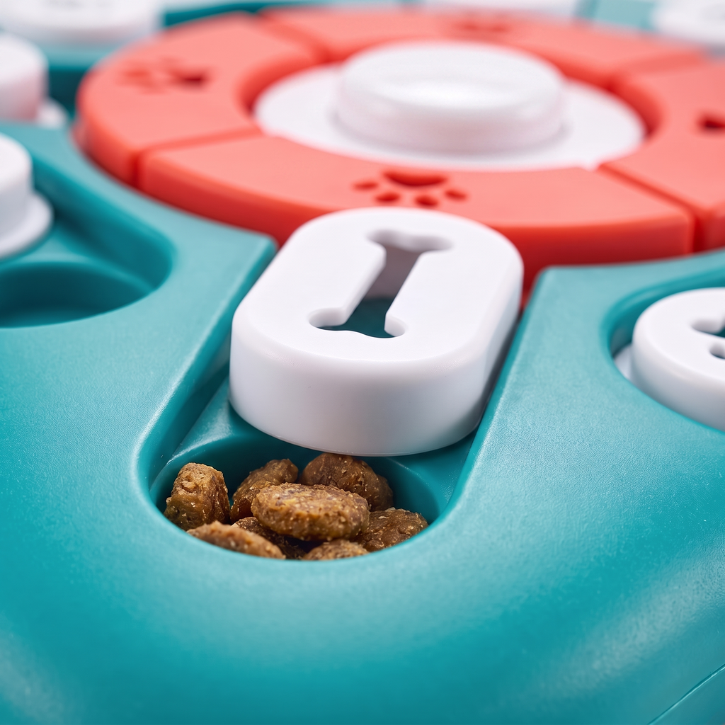 Close-up of a bone-shaped slider revealing kibble in a treat well