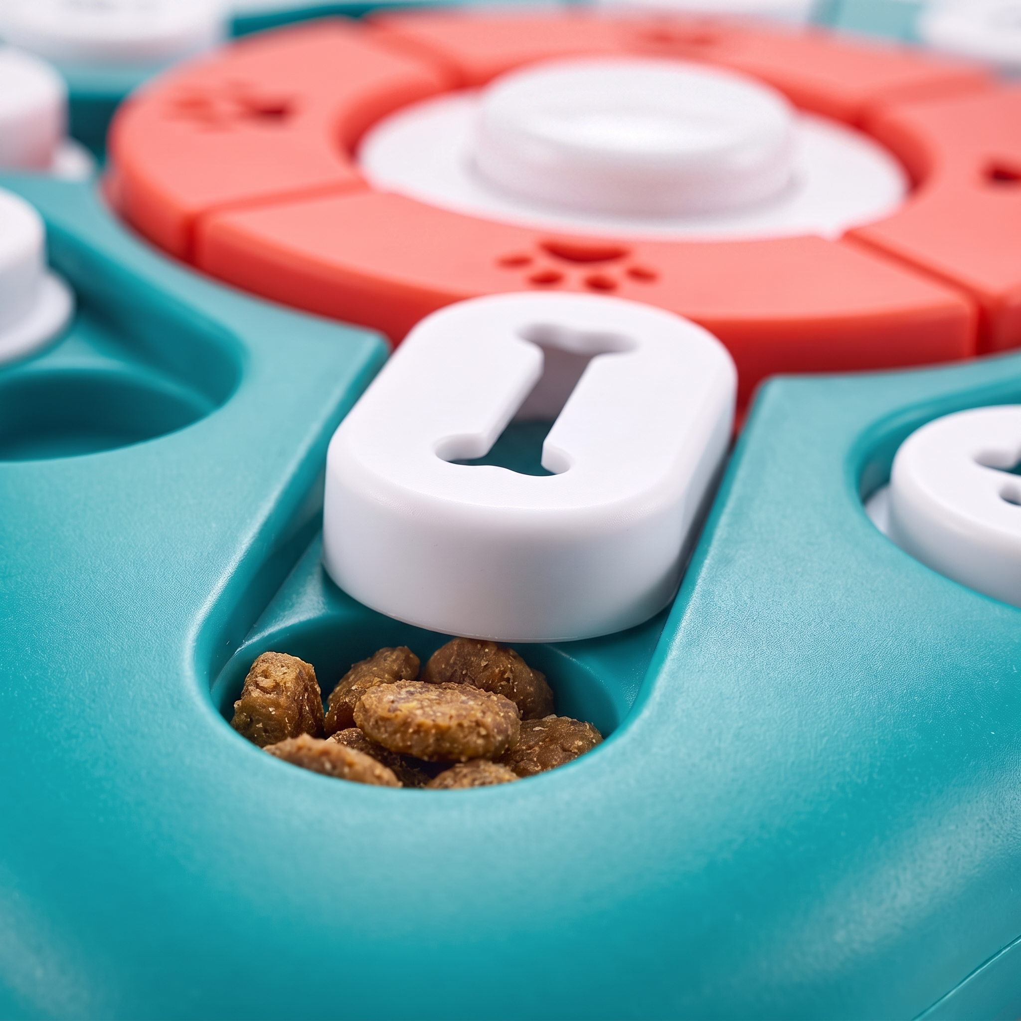 Close-up of a bone-shaped slider revealing kibble in a treat well