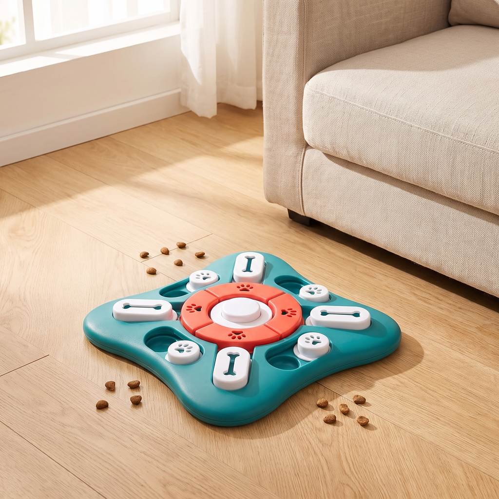 Puzzle board on a wood floor beside a sofa in a warm living room