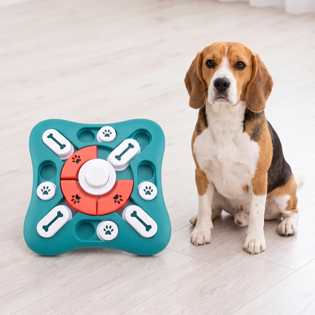 The 10 inch puzzle board beside a sitting beagle for scale