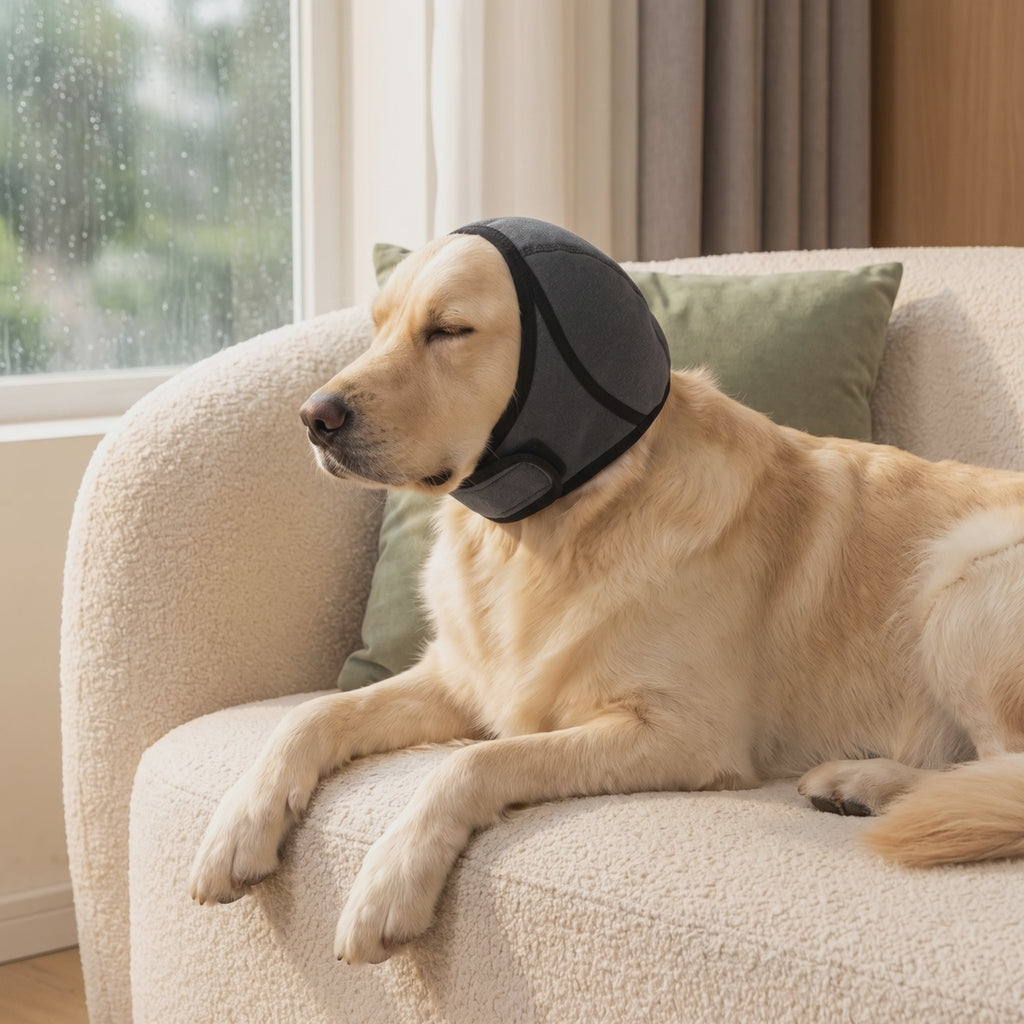 Golden retriever sleeping calmly through a rainstorm wearing Huddlepaw Calm Ears noise-reducing dog ear muffs