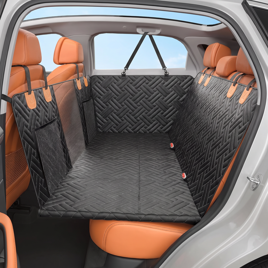 Huddlepaw hard-bottom back seat extender in black, installed across a car's rear seat