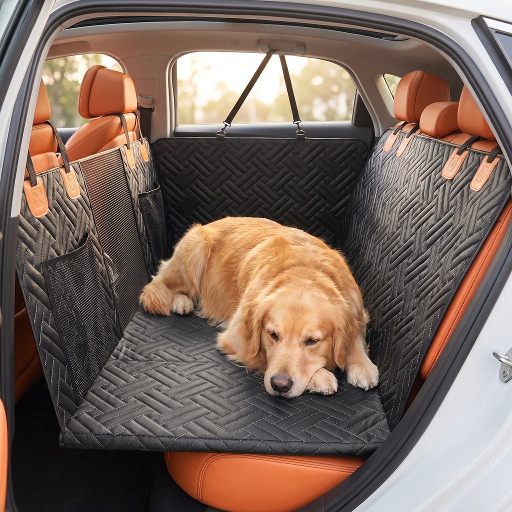 Golden retriever lying stretched out and settled on the flat platform during a car journey